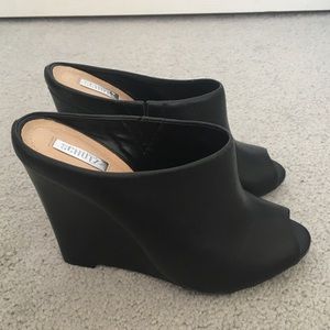 Schutz “Carmin” Leather Peep Toe Wedge Mules